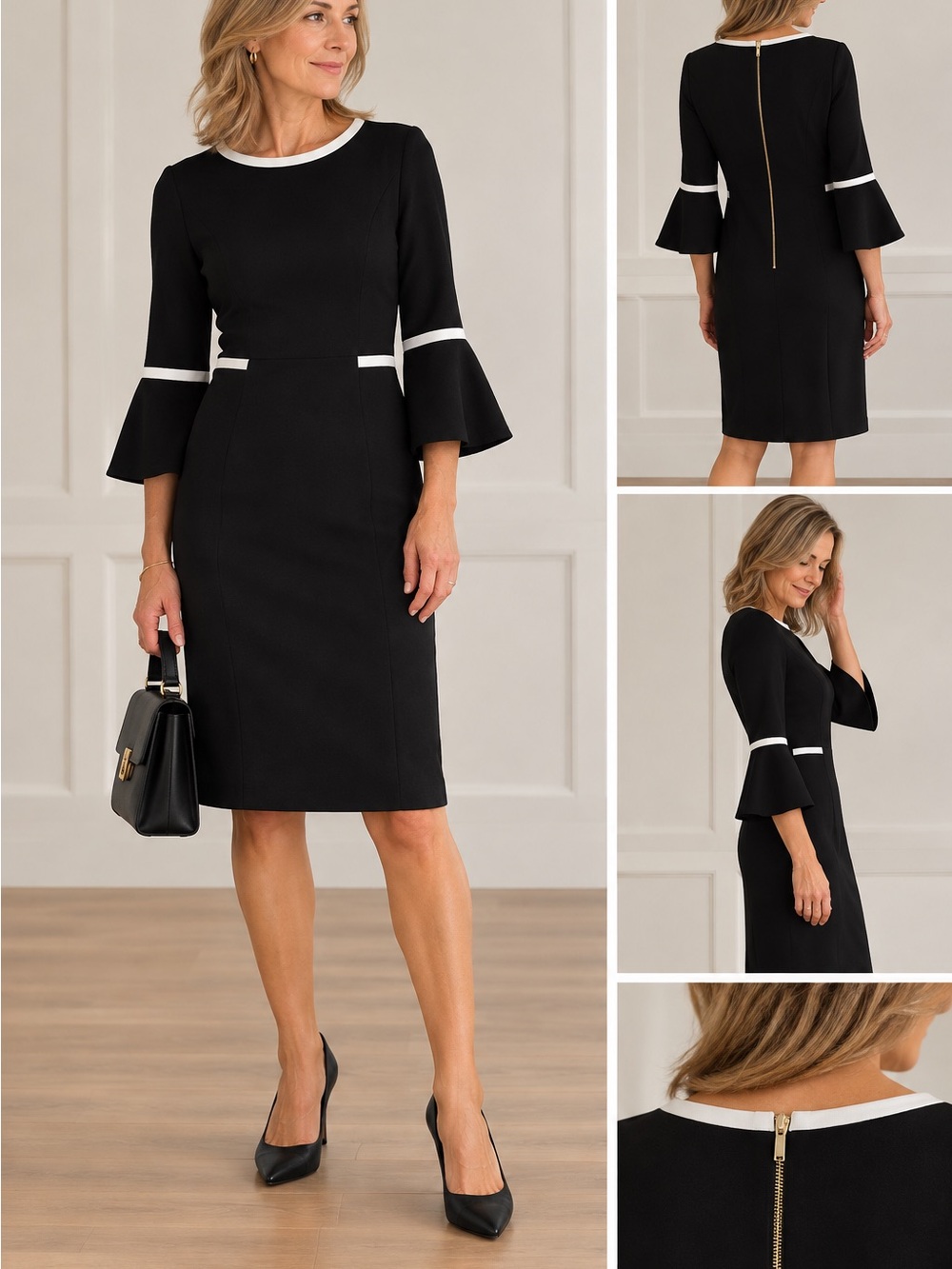 Calvin Klein Black Sheath Dress with White Trim - Classic Workwear